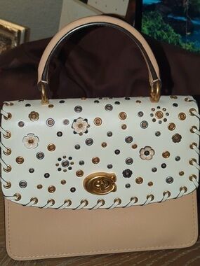 Coach Parker Top Handle Tea Rose Rivet Embellished Bag EUC Whipstitch Crossbody